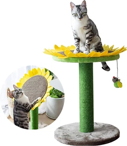 Cat Scratching Post w/Natural Sisal Rope Sunflower Bee Toy & Convertible Cat Bed - Picture 1 of 11