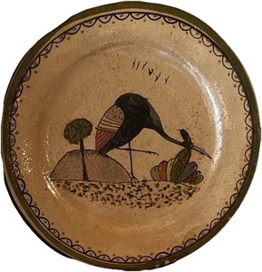 Antiqur tlaquepaque mexican pottery Cuentos plate "stork" 1910-1920s ๐ฒ๐ฝ - Picture 1 of 2