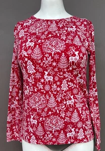 TALBOTS Christmas Top Shirt Red White Reindeer Print M Long Sleeve Cotton Tee - Picture 1 of 12