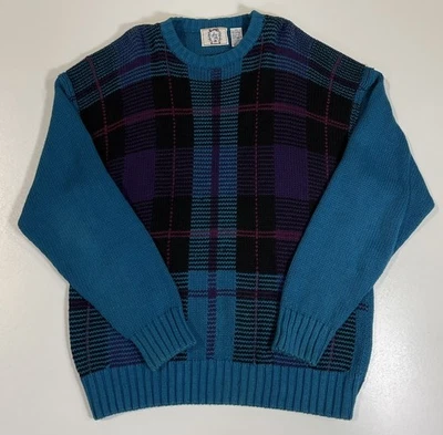 Vintage Sears Roebuck Plaid Knit Sweater Sz XXL Ramie Coastal Grandpa 90s - Image 1 of 4