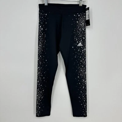Adidas Glam Leggings M Youth Girls Sparkle Metallic Stars Black Silver Athletic - Image 1 of 4