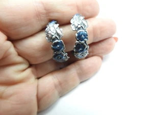 Blue Enamel Floral Print Silver Tone Open Ended Hoop Pierced Earrings Vintage - Picture 1 of 3