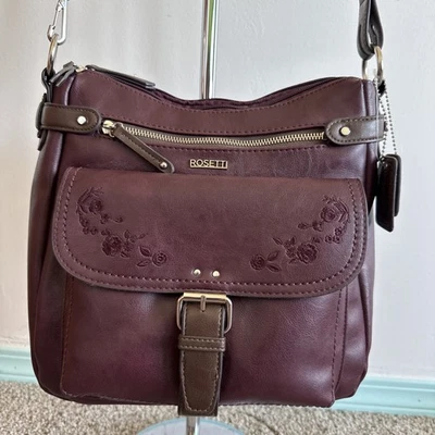 Bandolera Rosetti Floral Púrpura/Marrón Nueva Sin Etiquetas Cartera Abierta a Presión/Cremallera Foto 1 de 4