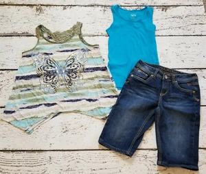 JUSTICE 12 Girls Striped Butterfly Tank, Blue Tank, & Denim Shorts 12 EUC - Picture 1 of 6