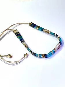 Santorini Stained Glass Turquoise Gold Miyuki Glass Tila Bead Stretch Bracelet - Picture 1 of 5