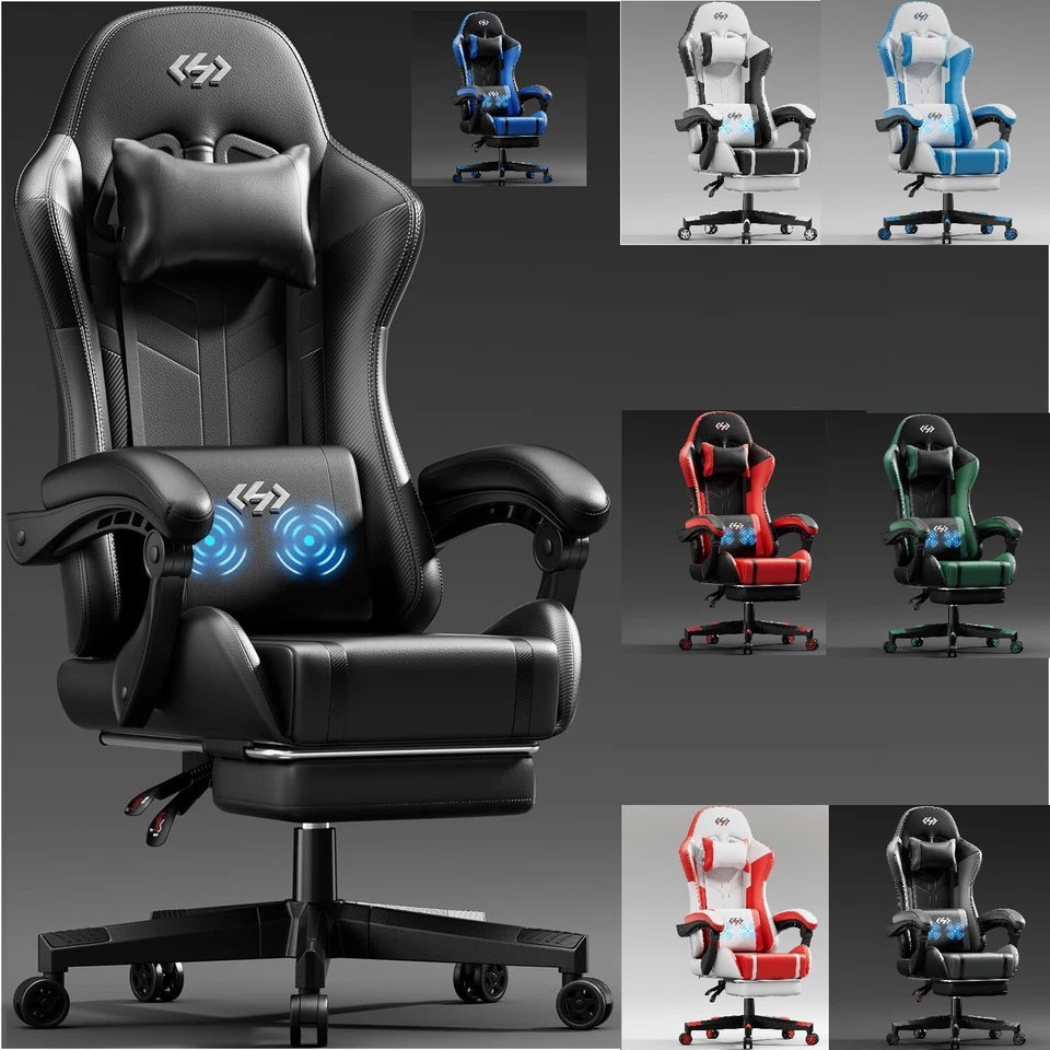 HLFURNIEU Gaming Stuhl mit Massagefunktion, Ergonomischer Gamer Stuhl mit Fußstütze
