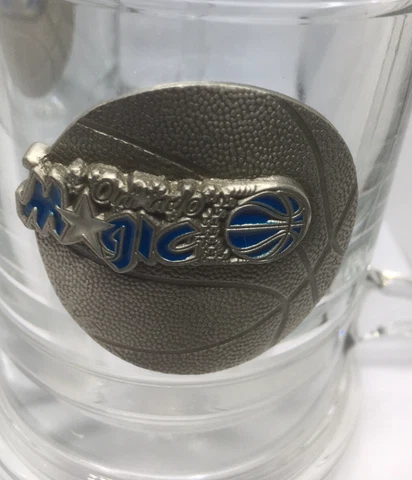 Two Vintage NBA Orlando Magic Glass Mugs - with Raised Pewter Basketball Emblem Cover