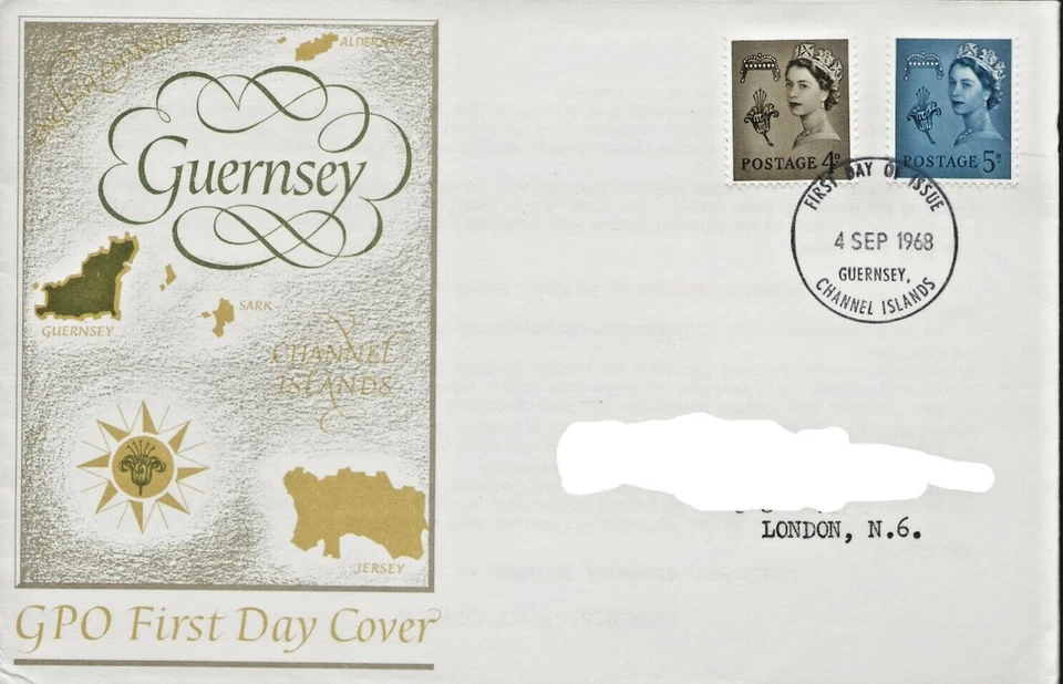 4/9/1968 4d +5d NEW GUERNSEY REGIONAL DEFINITIVE CHANNEL ISLE FDI  POSTMARK  FDC - Image 1 of 1