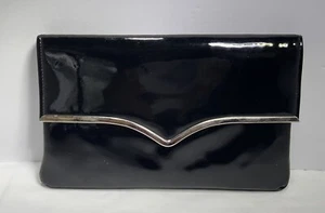 Vintage 60s Era Black Patent Leather Like Clutch Purse Evening Bag Lift Open - Picture 1 of 4
