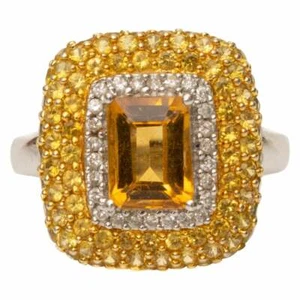 Stunning Dark Honey Yellow Emerald & Round Cut Citrine With White CZ Unique Ring - Picture 1 of 7
