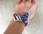 Vintage 950  Sterling Silver Mexican Modernist Cuff Bracelet W/ Inlaid Stones