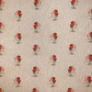 Tela de tapicería - Estampado de petirrojos rojos en lino natural aspecto material de tela artesanal - Imagen 1 de 6