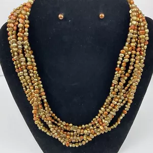 Goldene Kupfer Perle 7 Strang Halsband Halskette & Ohrringe Set Sterlingsilber 19,5 - Bild 1 von 10