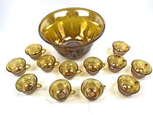 Set Ciotole Punch Vintage Vetro Carnevale Calendula 12 Coppe Oro Uva Imperiale - Foto 1 di 8
