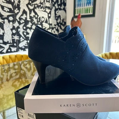 Karen Scott Mujer Talla 11 Marana Botín Perforado Tacón Imitación Gamuza Azul Marino Foto 1 de 4