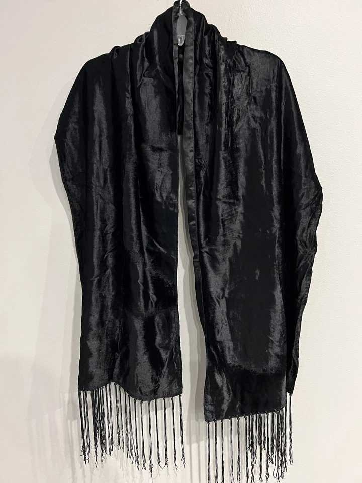 Long Black Velvet Satin Reversible Shawl Dress Accessory Victorian 70” L x 17” W - Image 1 of 4