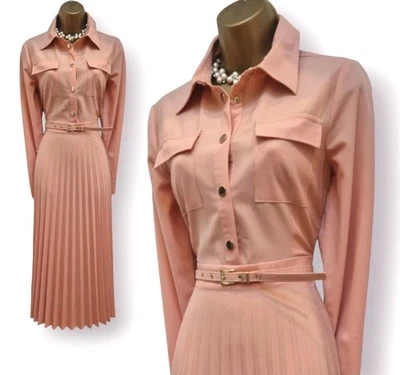 Karen Millen UK 10 Pink Pleated Collared Belted Midi Shirt Dress - Image 1 of 4