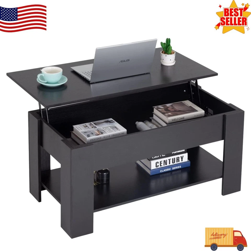 Mesa de centro elevatória de madeira 39,4" com compartimento oculto e prateleira de armazenamento - Imagem 1 de 4