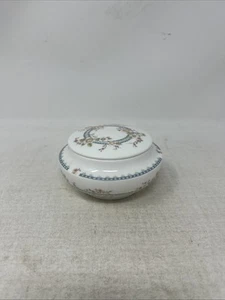 April Coalport Bone China Trinket Box w Lid Blue Green Band Pink Flowers England - Picture 1 of 4