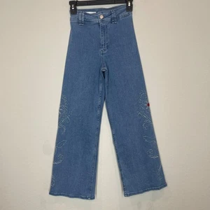 Zara Wide Leg Jeans Girls Size 11-12 Blue Embroidered Floral Medium Wash - Picture 1 of 12