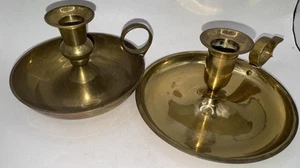 Pair of Vintage Solid Brass Chamberstick Maid Candle Holders with Handles - Picture 1 of 7