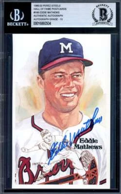 Eddie Mathews Gem Mint 10 Beckett BAS Signed Perez Steele Postcard Autograph - Image 1 of 2