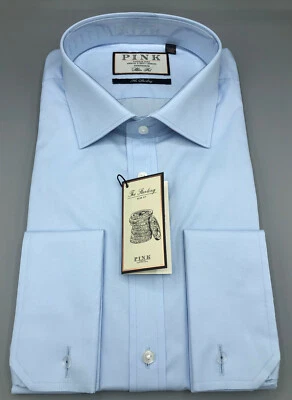 Camisa Thomas Rosa, Azul Pálido, Reino Unido: 17.5, UE: 44, PRECIO DE VENTA SUGERIDO POR EL FABRICANTE: £ 115!  Nuevo con etiquetas, corte ajustado, puño en D Foto 1 de 4