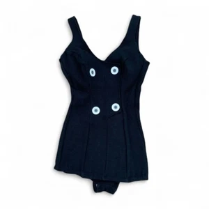 Vintage 50s/60s Retro Pin-Up Black Knit Buttons Swimsuit One Piece Bathing Suit - Picture 1 of 5