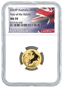 2023 Australia 1/4 oz Gold $25 Lunar Rabbit NGC MS70 - Flag Label - Picture 1 of 2