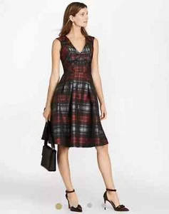 NWT Brooks Brothers Dress Size 0 PETITE Tartan Jacquard Black Red Pleated $398 - Picture 1 of 18