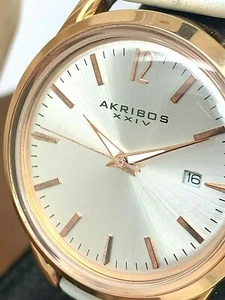 Akribos XXIV Women's Watch AK921 Quartz Rose Gold Silver Dial White Leather Band - Picture 1 of 12