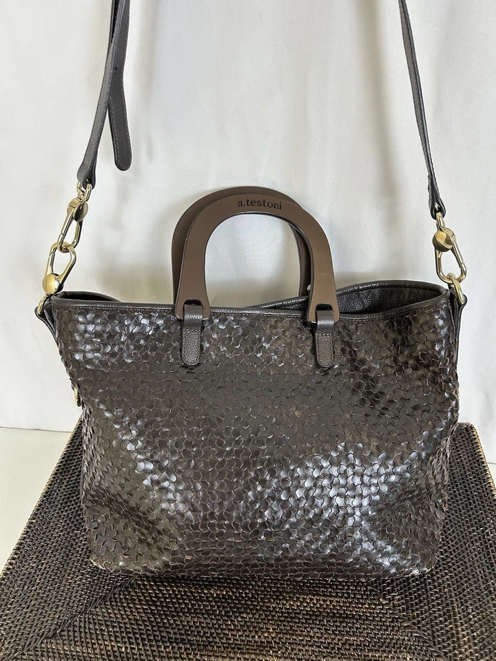 A. Testoni Large Tote Leather Wood Handle Crossbody Brown Women's - Image 1 of 4