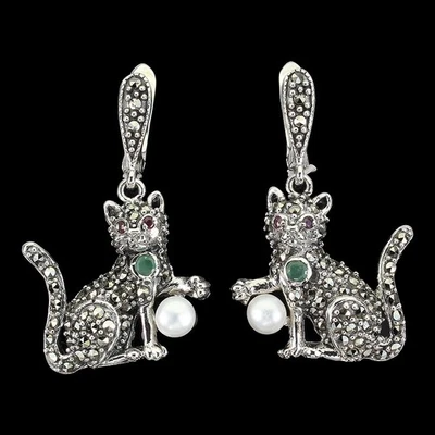 Orecchini in argento sterling 925 rotondi smeraldo rubino perla pietra... - Immagine 1 di 4