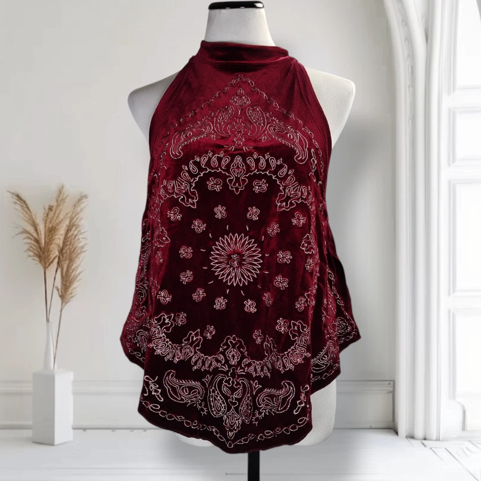 Blusa Free People Velvet Bandana Bling Halter Tamanho M Marrom Bainha Lenço Western - Imagem 1 de 4