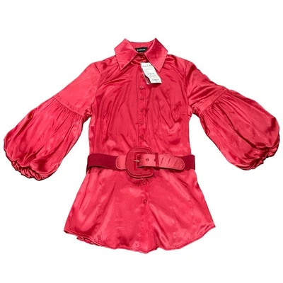 Bebe Red Silk Sexy Button-Up Blouse Puff Sleeves S Pinup Retro Romantic Glam NWT - Image 1 of 4