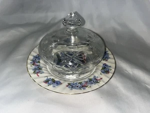 Vintage Cut Glass Butter Dish Dome Paired with Allyn Nelson Forget Me Not Plate - Picture 1 of 8