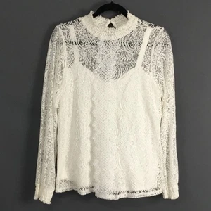 Cable & Gauge Shirt Womens XL White Lace Mock Neck Sheer Long Sleeve Keyhole - Picture 1 of 9