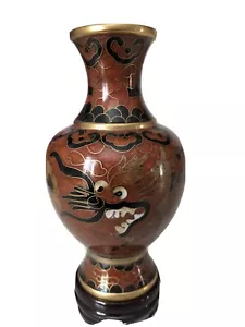 Vintage Old Chinese Dragon Pattern Brass Enamelled Cloisonne Vase Wood Stand - Picture 1 of 11