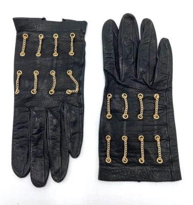 NEW VTG 1950s Ladies BLACK Kid Leather Gloves Size 7, with Gold Chain Details - Image 1 of 4