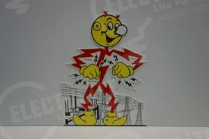 Reddy Kilowatt GRAB THE BOLTZ! STEEL ENAMEL DIE CUT SIGN. ELECTRICIAN GIFT - Picture 1 of 2