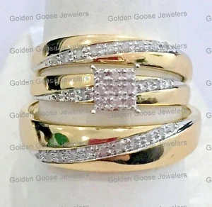 His Her Mens Woman Diamonds Wedding Ring Bands Trio Bridal Set 10k Yellow Gold - Picture 1 of 8