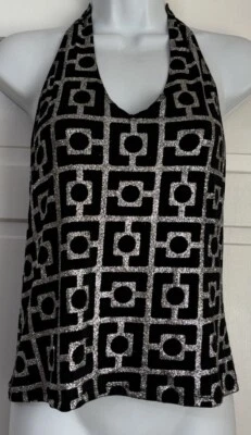 Top halter vintage años 90 Jordache para mujer negro con plata geométrico caprichoso gótico LG Foto 1 de 4