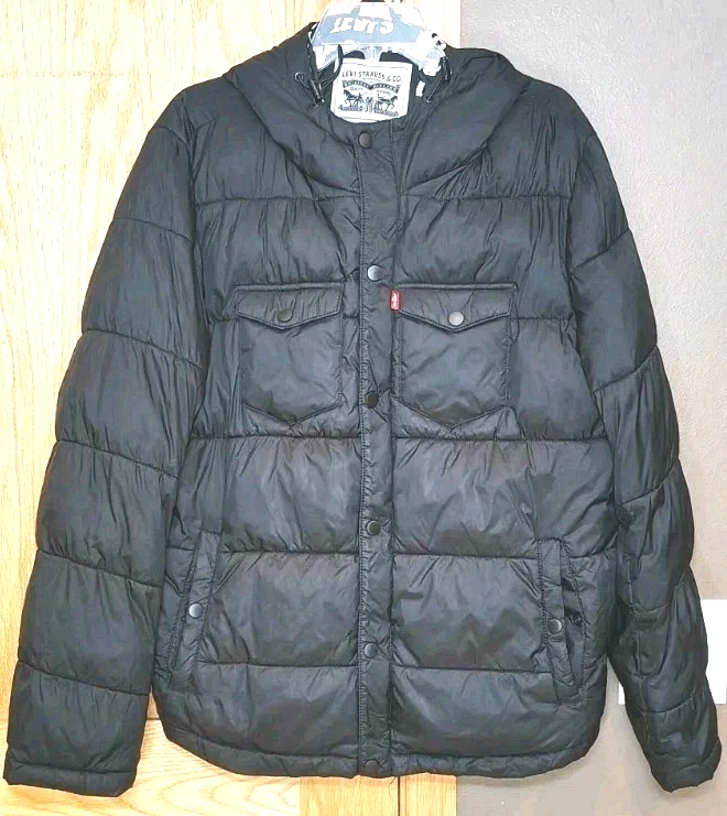 LEVI STRAUSS & CO FULL ZIP JACKET COAT WITH HOOD BLACK PUFFER LEVIS ADULT MENS M - Image 1 of 4