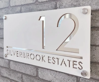 CUSTOM HOUSE SIGN NUMBER STREET SIGN WHITE SILVER ACRYLIC ADDRESS DOOR WALL - image 1 of 3
