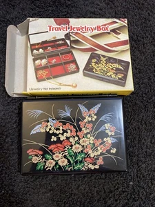 Joyero de viaje vintage Hong Kong plástico flores negras nos 7166B ko - Imagen 1 de 5