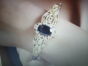 14K GOLD PLATINUM OVER GENUINE CHOCOLATE TOPAZ BANGLE BRACELET SZ 7-8IN+ BONUS - Picture 1 of 2
