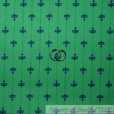 BonEful Fabric FQ Cotton Quilt Green Blue USA Airplane Military Ticking Stripe S - Image 1 of 4