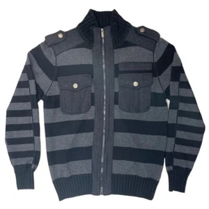 X-RAY Men's Sweater Jacket Large Black Grey Stripe Full Zip Epaulets High Neck - Picture 1 of 13
