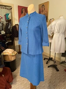 1950's Vintage LESLIE FAY Blue Knit Skirt Set - Picture 1 of 4