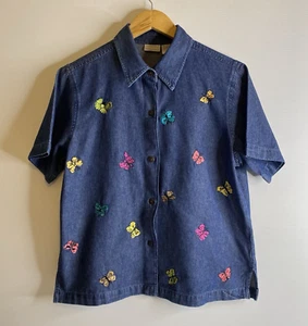 Vintage Passports Top Blouse Shirt Women L Blue Denim Butterflies Boxy 80s 90s - Picture 1 of 21
